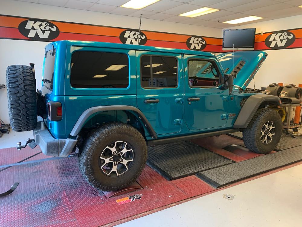 Bikini Pearl Jeep Wrangler JLU EcoDiesel is strapped to the Dynomometer at K&N Engineering for product testing