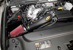 Closeup of an AIRAID 201-335 MXP Cold Air Intake installed on a LML Duramax 6.6L